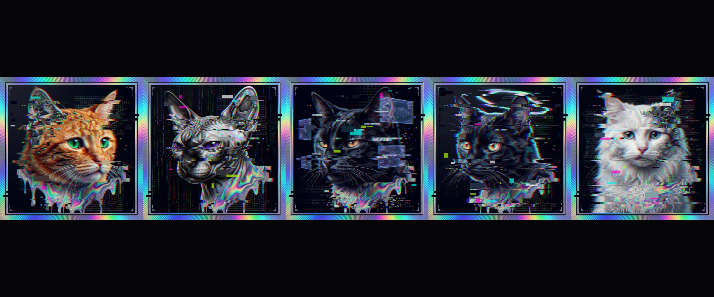 Five cyber-glitch holographic cats side by side on black